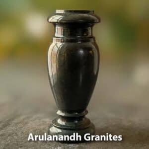 Black granite flower vase with flared top reflecting ambient light and customizable finishes.