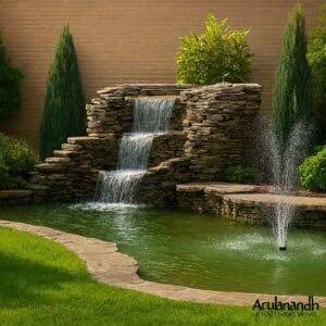 Tiered granite waterfall with pond and fountain, landscaped with conifers and manicured shrubs