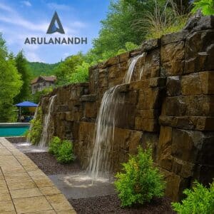 Vertical granite waterfall installation with stacked stone blocks, and cascading water.
